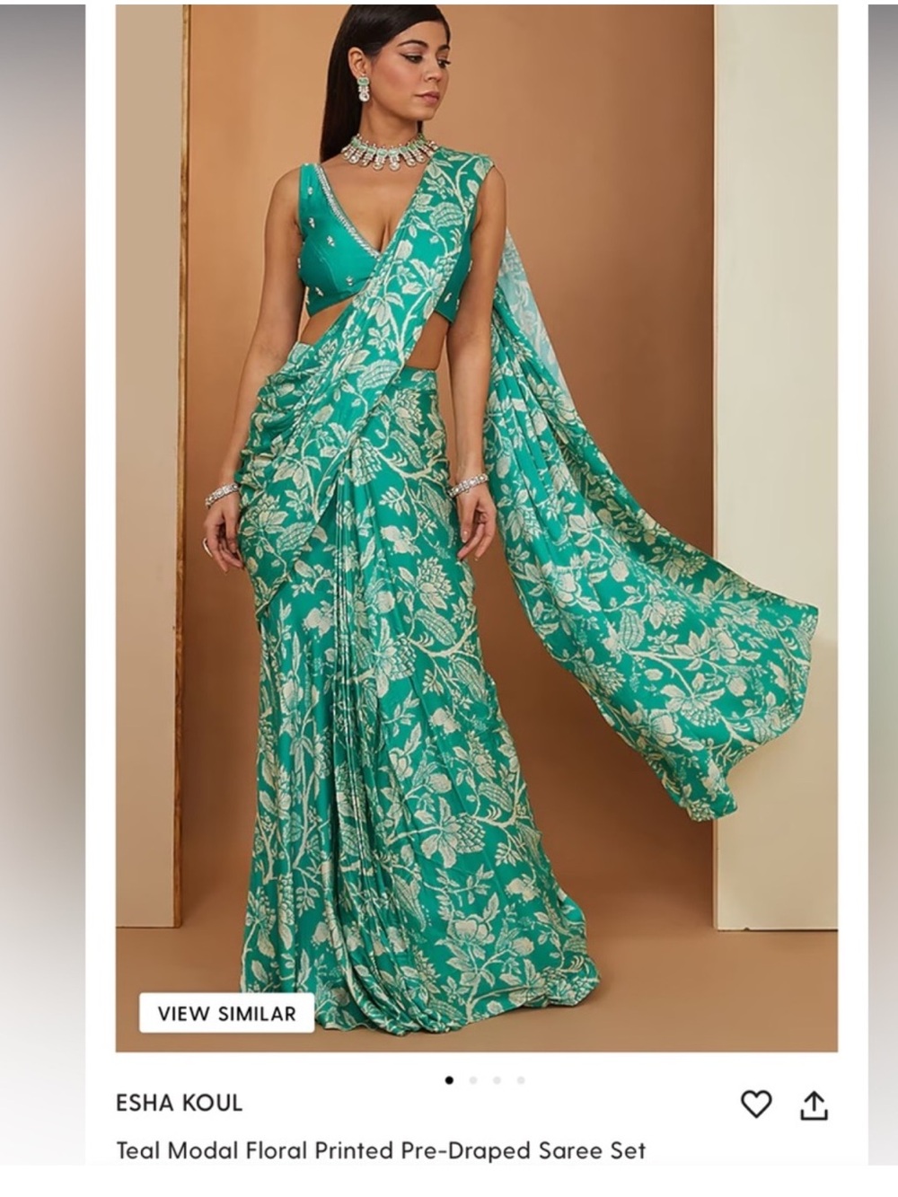 Esha Koul Teal Floral Modal Pre-Draped Saree